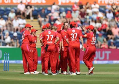 250726 - Welsh Fire Women v MI London Women - The Hundred - Grace Potts of Welsh Fire celebrates after taking the wicket of Danni Wyatt-Hodge