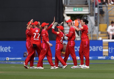250726 - Welsh Fire Women v MI London Women - The Hundred - Georgia Voll and Em Arlott celebrates with team mates after taking the wicket of Melie Kerr of MI London