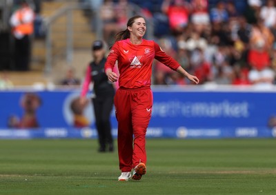 250726 - Welsh Fire Women v MI London Women - The Hundred - Georgia Wareham of Welsh Fire celebrates taking the wicket of Hollie Armitage