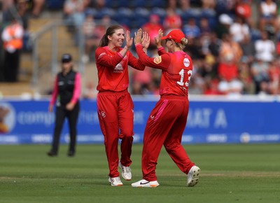 250726 - Welsh Fire Women v MI London Women - The Hundred - Georgia Wareham of Welsh Fire celebrates taking the wicket of Hollie Armitage