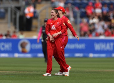 250726 - Welsh Fire Women v MI London Women - The Hundred - Georgia Wareham of Welsh Fire celebrates taking the wicket of Hollie Armitage