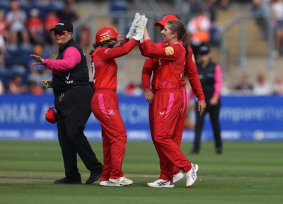 250726 - Welsh Fire Women v MI London Women - The Hundred - Georgia Wareham of Welsh Fire celebrates taking the wicket of Hollie Armitage