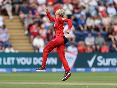 250726 - Welsh Fire Women v MI London Women - The Hundred - Sophia Smale of Welsh Fire celebrates taking the wicket of Alice Monaghan of MI London