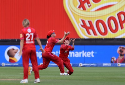 250726 - Welsh Fire Women v MI London Women - The Hundred - Ella McCaughan of Welsh Fire catches the ball to dismiss Alice Davidson-Richards of MI London