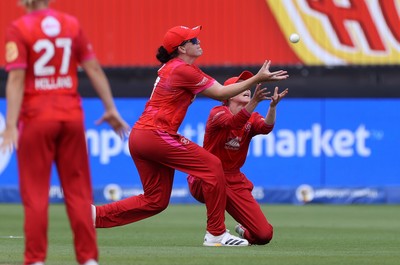 250726 - Welsh Fire Women v MI London Women - The Hundred - Ella McCaughan of Welsh Fire catches the ball to dismiss Alice Davidson-Richards of MI London