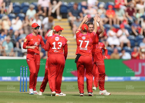 250726 - Welsh Fire Women v MI London Women - The Hundred - Grace Potts of Welsh Fire celebrates after taking the wicket of Danni Wyatt-Hodge