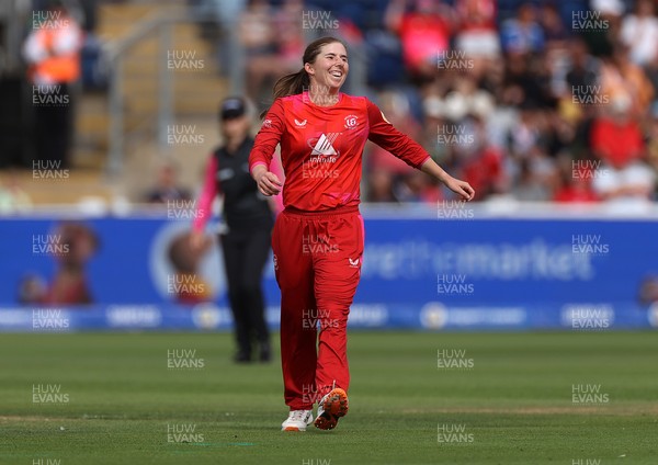 250726 - Welsh Fire Women v MI London Women - The Hundred - Georgia Wareham of Welsh Fire celebrates taking the wicket of Hollie Armitage