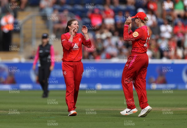 250726 - Welsh Fire Women v MI London Women - The Hundred - Georgia Wareham of Welsh Fire celebrates taking the wicket of Hollie Armitage