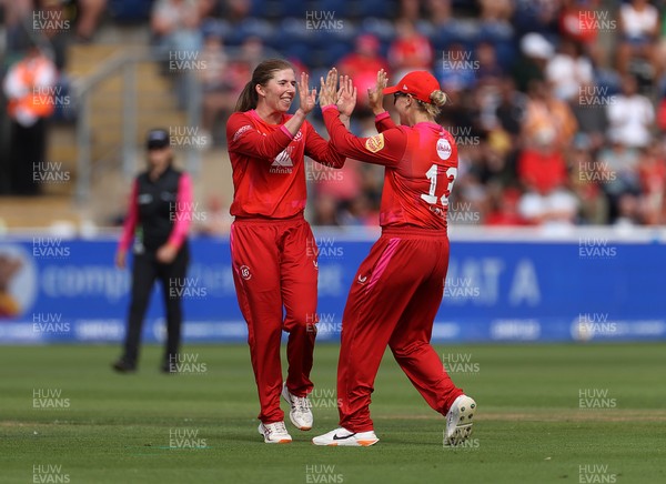 250726 - Welsh Fire Women v MI London Women - The Hundred - Georgia Wareham of Welsh Fire celebrates taking the wicket of Hollie Armitage