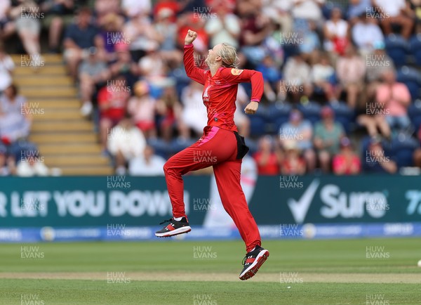 250726 - Welsh Fire Women v MI London Women - The Hundred - Sophia Smale of Welsh Fire celebrates taking the wicket of Alice Monaghan of MI London