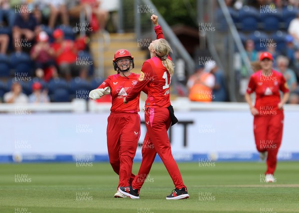 250726 - Welsh Fire Women v MI London Women - The Hundred - Sophia Smale of Welsh Fire celebrates taking the wicket of Alice Monaghan of MI London