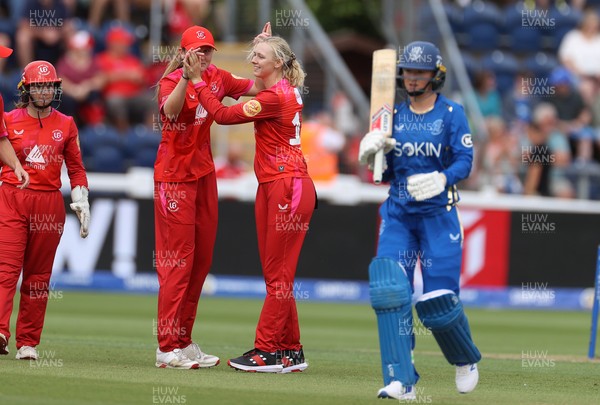 250726 - Welsh Fire Women v MI London Women - The Hundred - Sophia Smale of Welsh Fire celebrates taking the wicket of Alice Monaghan of MI London