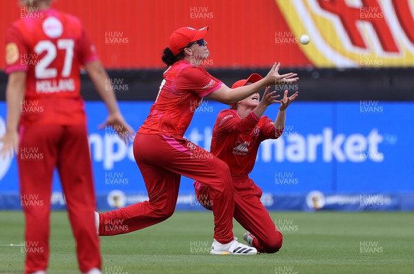 250726 - Welsh Fire Women v MI London Women - The Hundred - Ella McCaughan of Welsh Fire catches the ball to dismiss Alice Davidson-Richards of MI London