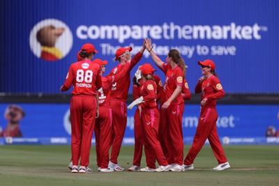 030826 - Welsh Fire Women v Southern Brave Women - The Hundred - Georgia Wareham of Welsh Fire celebrates taking the wicket Lizelle Lee off the bowling of Grace Potts