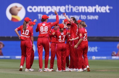 030826 - Welsh Fire Women v Southern Brave Women - The Hundred - Georgia Wareham of Welsh Fire celebrates taking the wicket Lizelle Lee off the bowling of Grace Potts