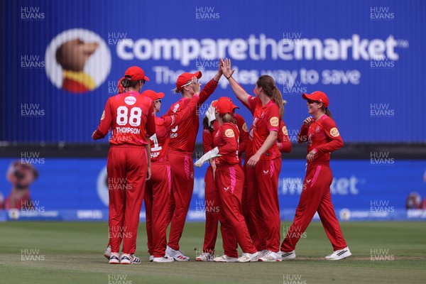 030826 - Welsh Fire Women v Southern Brave Women - The Hundred - Georgia Wareham of Welsh Fire celebrates taking the wicket Lizelle Lee off the bowling of Grace Potts
