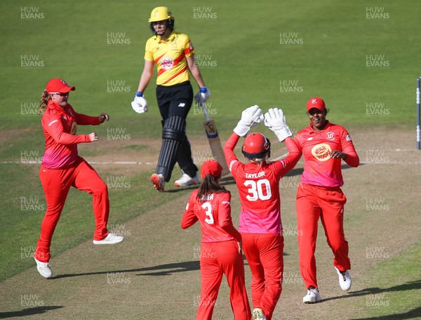 060821 - Welsh Fire Women v Trent Rockets Women, The Hundred - Hayley Mathews of Welsh Fire celebrates with Sarah Taylor of Welsh Fire after taking Sammy-Jo Johnson of Trent Rockets lbw
