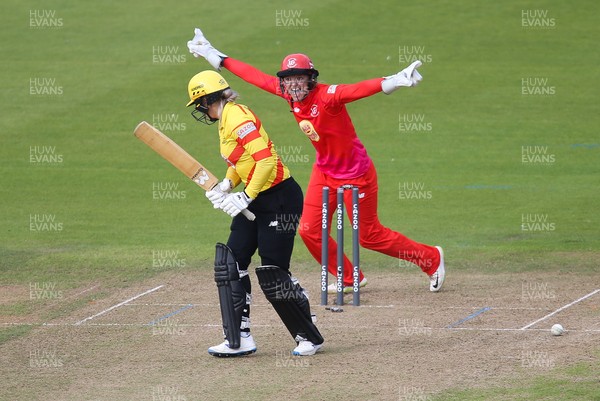 060821 - Welsh Fire Women v Trent Rockets Women, The Hundred - Sarah Taylor of Welsh Fire celebrates as Sarah Glenn of Trent Rockets is bowled out by Hannah Baker of Welsh Fire