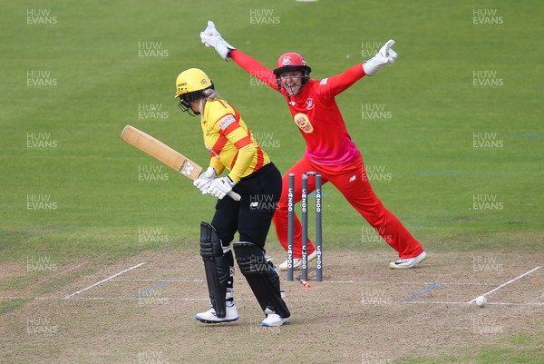 060821 - Welsh Fire Women v Trent Rockets Women, The Hundred - Sarah Taylor of Welsh Fire celebrates as Sarah Glenn of Trent Rockets is bowled out by Hannah Baker of Welsh Fire