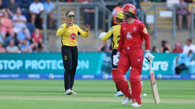 290726 - Welsh Fire Women v Trent Rockets Women, The Hundred - Ashleigh Gardner of Trent Rockets celebrates as she dismisses Ella McCaughan of Welsh Fire lbw