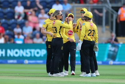 290726 - Welsh Fire Women v Trent Rockets Women, The Hundred - Ashleigh Gardner of Trent Rockets celebrates as she dismisses Ella McCaughan of Welsh Fire lbw