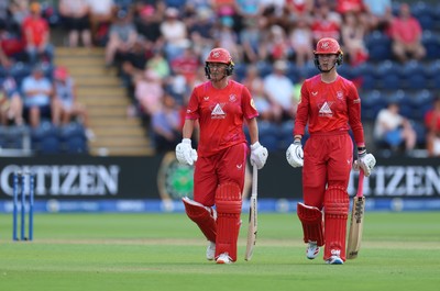 290726 - Welsh Fire Women v Trent Rockets Women, The Hundred - Sophie Devine of Welsh Fire, left and Freya Kemp of Welsh Fire