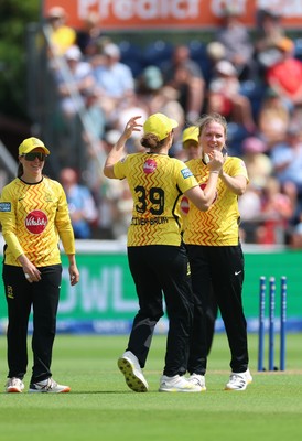 290726 - Welsh Fire Women v Trent Rockets Women, The Hundred - Charley Phillips of Trent Rockets celebrates as she dismisses Sophie Devine of Welsh Fire