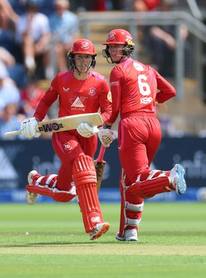 290726 - Welsh Fire Women v Trent Rockets Women, The Hundred - Georgia Wareham of Welsh Fire and Freya Kemp of Welsh Fire add the runs