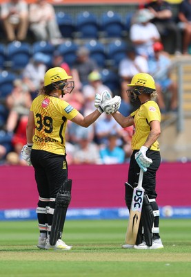 290726 - Welsh Fire Women v Trent Rockets Women, The Hundred - Nat Sciver-Brunt of Trent Rockets and Ashleigh Gardner of Trent Rockets celebrate as they win the match