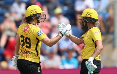 290726 - Welsh Fire Women v Trent Rockets Women, The Hundred - Nat Sciver-Brunt of Trent Rockets and Ashleigh Gardner of Trent Rockets celebrate as they win the match