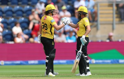 290726 - Welsh Fire Women v Trent Rockets Women, The Hundred - Nat Sciver-Brunt of Trent Rockets and Ashleigh Gardner of Trent Rockets celebrate as they win the match