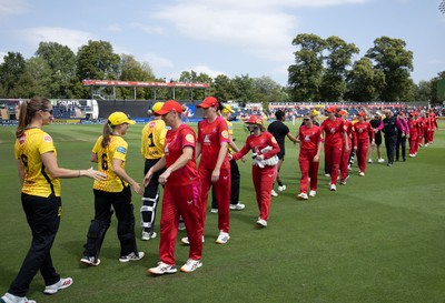 290726 - Welsh Fire Women v Trent Rockets Women, The Hundred - Welsh Fire congratulate Trent Rockets at the end of the match