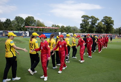 290726 - Welsh Fire Women v Trent Rockets Women, The Hundred - Welsh Fire congratulate Trent Rockets at the end of the match