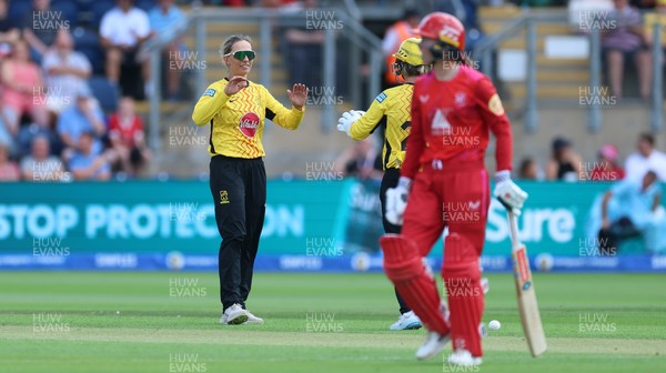 290726 - Welsh Fire Women v Trent Rockets Women, The Hundred - Ashleigh Gardner of Trent Rockets celebrates as she dismisses Ella McCaughan of Welsh Fire lbw