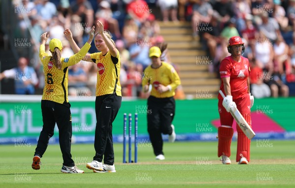 290726 - Welsh Fire Women v Trent Rockets Women, The Hundred - Charley Phillips of Trent Rockets celebrates as she dismisses Sophie Devine of Welsh Fire
