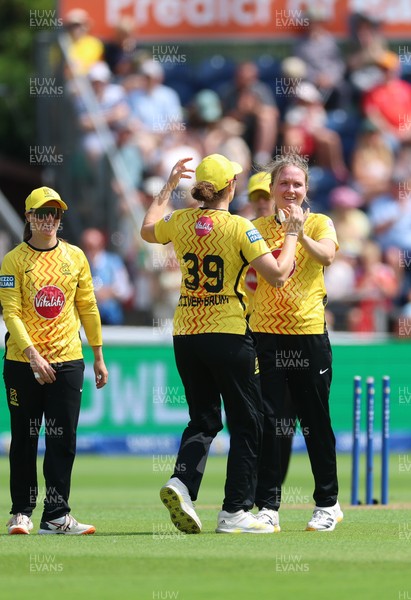 290726 - Welsh Fire Women v Trent Rockets Women, The Hundred - Charley Phillips of Trent Rockets celebrates as she dismisses Sophie Devine of Welsh Fire