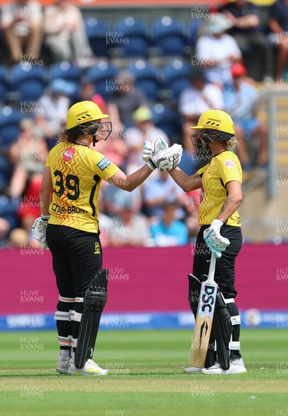 290726 - Welsh Fire Women v Trent Rockets Women, The Hundred - Nat Sciver-Brunt of Trent Rockets and Ashleigh Gardner of Trent Rockets celebrate as they win the match