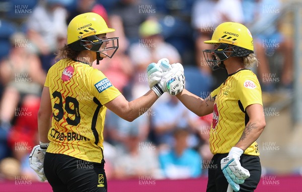 290726 - Welsh Fire Women v Trent Rockets Women, The Hundred - Nat Sciver-Brunt of Trent Rockets and Ashleigh Gardner of Trent Rockets celebrate as they win the match