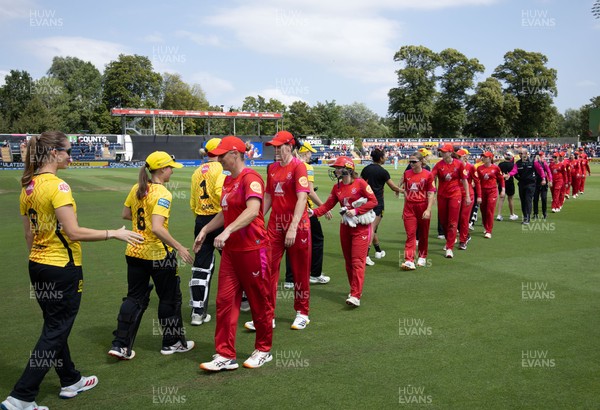 290726 - Welsh Fire Women v Trent Rockets Women, The Hundred - Welsh Fire congratulate Trent Rockets at the end of the match