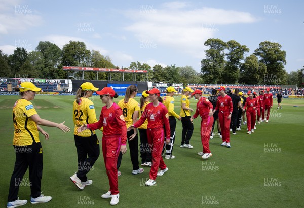 290726 - Welsh Fire Women v Trent Rockets Women, The Hundred - Welsh Fire congratulate Trent Rockets at the end of the match
