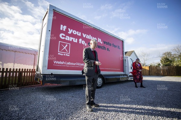 260421 - Picture shows Wales’ First Minister and Welsh Labour Leader Mark Drakeford with Deputy Leader Carolyn Harris launching the party’s new advert in the run up to the election