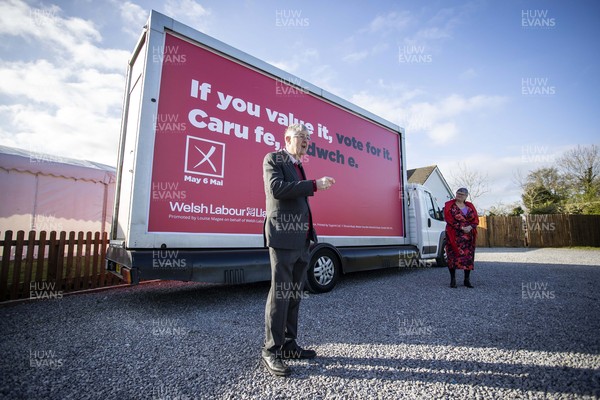 260421 - Picture shows Wales’ First Minister and Welsh Labour Leader Mark Drakeford with Deputy Leader Carolyn Harris launching the party’s new advert in the run up to the election