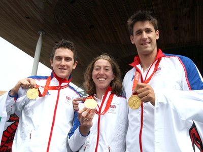 26.08.08 Wales gold medal winners at celebration as Wales' Olympic athletes arrive at the National Assembly's Sennedd building in Cardiff Bay L-R: Geriant Thomas, Nicole Cooke, Tom James 