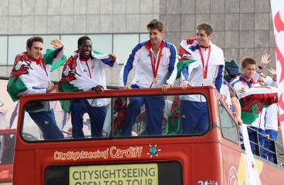 26.08.08 Wales' Olympic athletes arrive at celebration in Cardiff Bay 