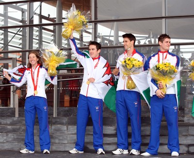 26.08.08 Wales medal winners at celebration as Wales' Olympic athletes arrive at the National Assembly's Sennedd building in Cardiff Bay L-R: Niole Cooke, Geriant Thomas, Tom James, David Davies 