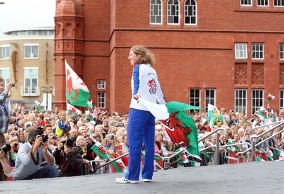 26.08.08 Nicole Cooke at celebration as Wales' Olympic athletes arrive at the National Assembly's Sennedd building in Cardiff Bay 