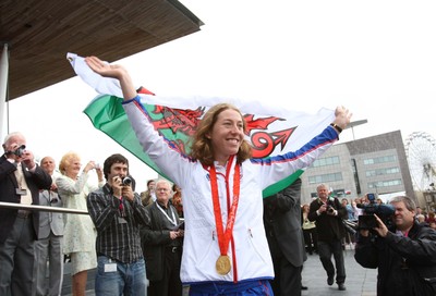 26.08.08 Nicole Cooke at celebration as Wales' Olympic athletes arrive at the National Assembly's Sennedd building in Cardiff Bay 