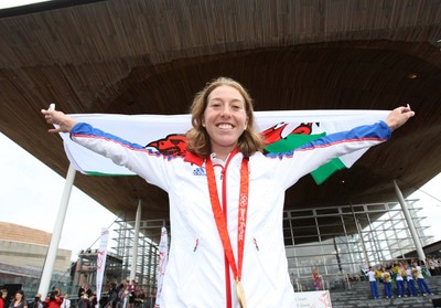 26.08.08 Nicole Cooke at celebration as Wales' Olympic athletes arrive at the National Assembly's Sennedd building in Cardiff Bay 