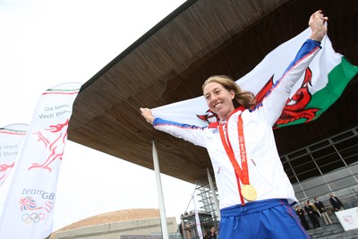 26.08.08 Nicole Cooke at celebration as Wales' Olympic athletes arrive at the National Assembly's Sennedd building in Cardiff Bay 