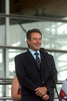 26.08.08 Olympic gold medallist Lynn Davies at celebration for Wales' Olympic athletes in Cardiff Bay 